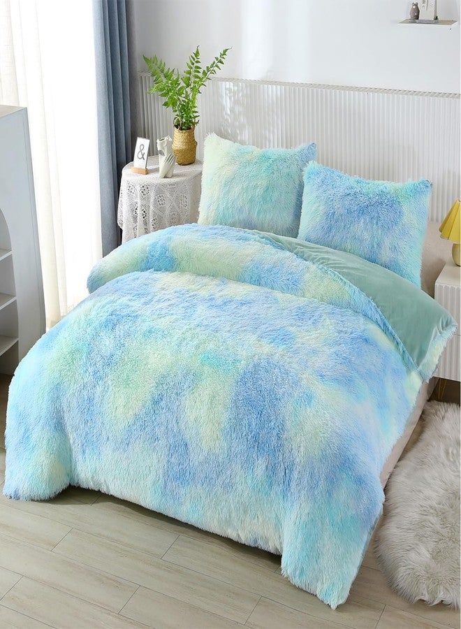 PERFEMET 3 Pcs Long Faux Fur Fluffy Full Comforter Sets Colorful Tie Dye Shaggy Furry Green Bedding Set for Girls Soft Plush Velvet Rainbow Bedding Quilt Set(Green, Full) - Image 1