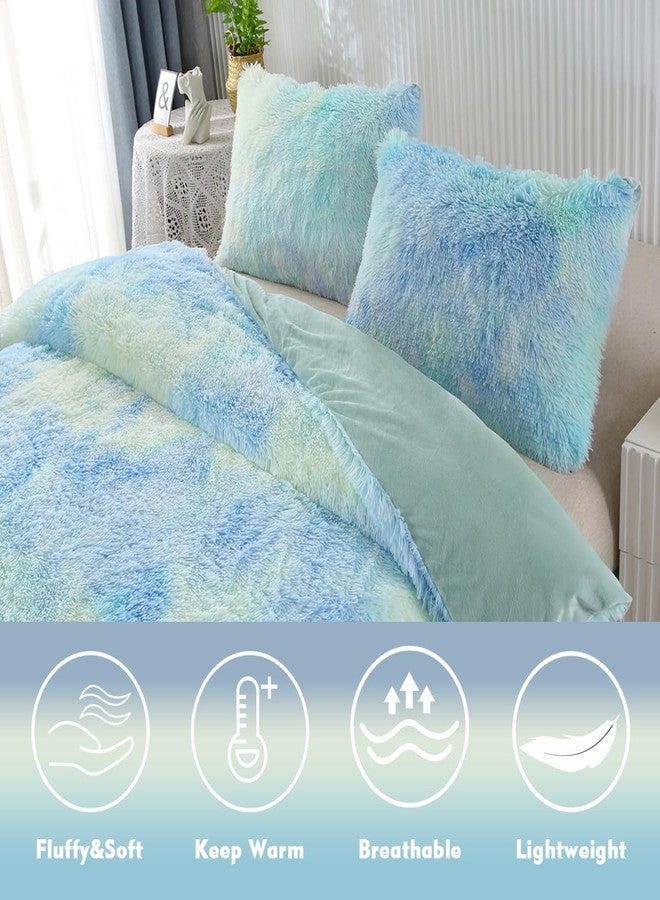 PERFEMET 3 Pcs Long Faux Fur Fluffy Full Comforter Sets Colorful Tie Dye Shaggy Furry Green Bedding Set for Girls Soft Plush Velvet Rainbow Bedding Quilt Set(Green, Full) - Image 3