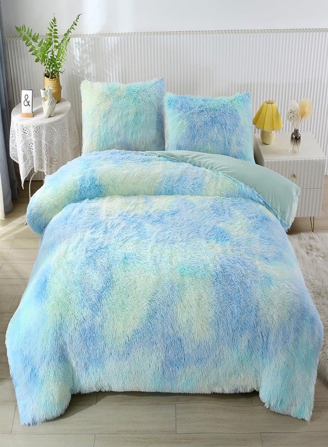 PERFEMET 3 Pcs Long Faux Fur Fluffy Full Comforter Sets Colorful Tie Dye Shaggy Furry Green Bedding Set for Girls Soft Plush Velvet Rainbow Bedding Quilt Set(Green, Full) - Image 2