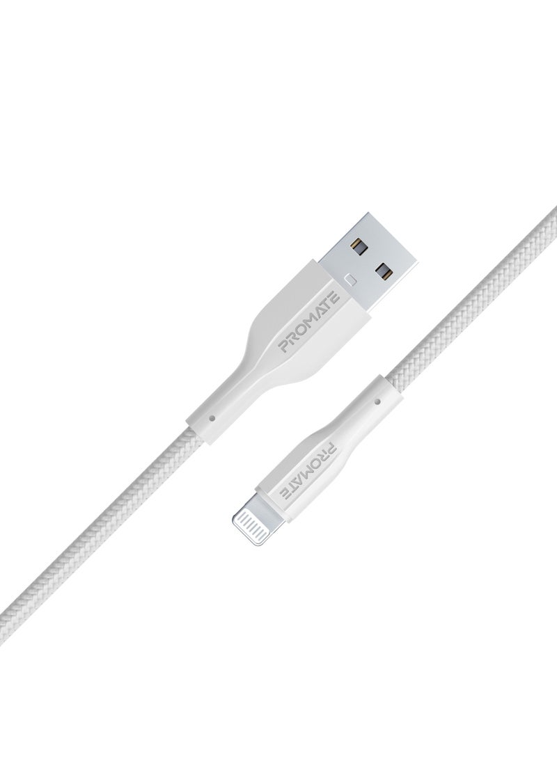 PROMATE USB-A to Lightning Cable 200cm, High Tensile Strength, Premium Fast Charging & Data Sync, Anti-Tangle Silicone Cord, For Lightning Apple Devices White - Image 1