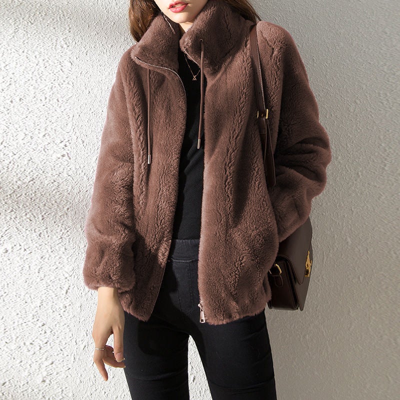 Womens Fashionable Coat Ins Winter fleece-lined Thickened Double-sided Fleece Vertical Collar Warm Sweater Womens Cardigan Zipper Fleece Gray - Image 4