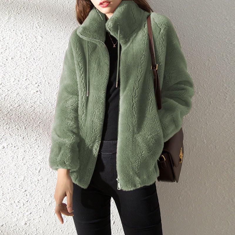 Womens Fashionable Coat Ins Winter fleece-lined Thickened Double-sided Fleece Vertical Collar Warm Sweater Womens Cardigan Zipper Fleece Gray - Image 1