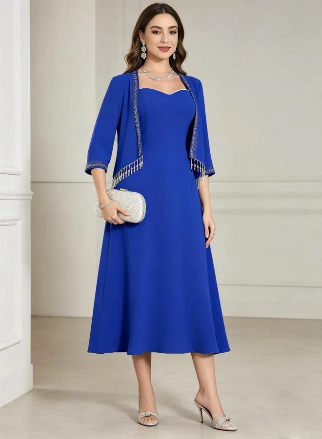 Take Two Blue A-Line Midi Dress With Embellished Shrug