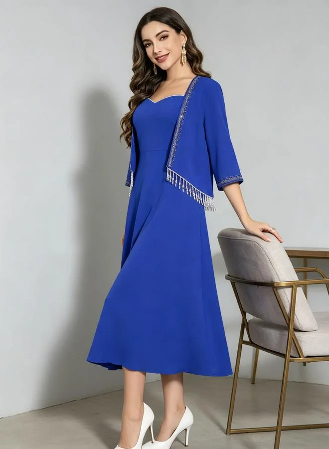 Take Two Blue A-Line Midi Dress With Embellished Shrug