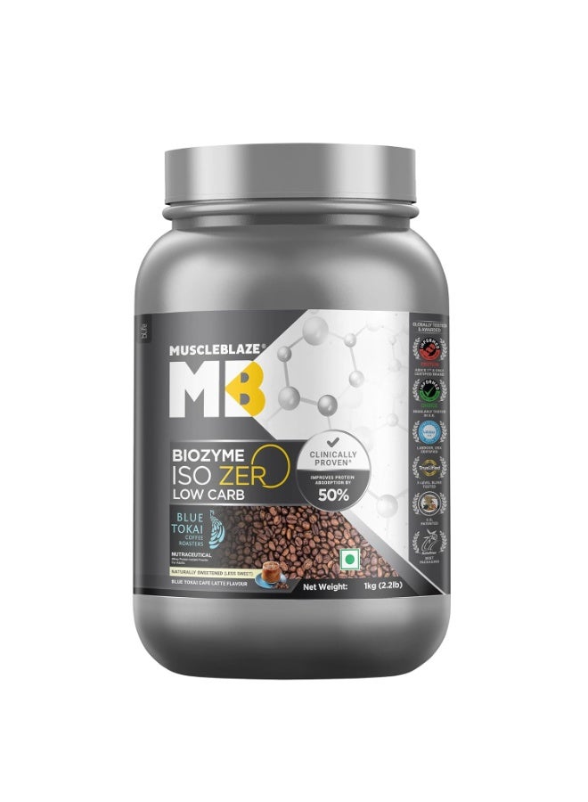 مسل بلايز MuscleBlaze Biozyme Iso-Zero، مسحوق بروتين مصل اللبن المعزول (Whey Isolate) قليل الكربوهيدرات بنكهة "بلو توكاي" كافيه لاتيه (1 كجم / 2.2 رطل) | 27 جم من بروتين مصل اللبن المعزول لكل مكيال | تركيبة معززة للامتصاص (EAF) حاصلة على براءة اختراع من الولايات المتحدة الأمريكية - Image 1