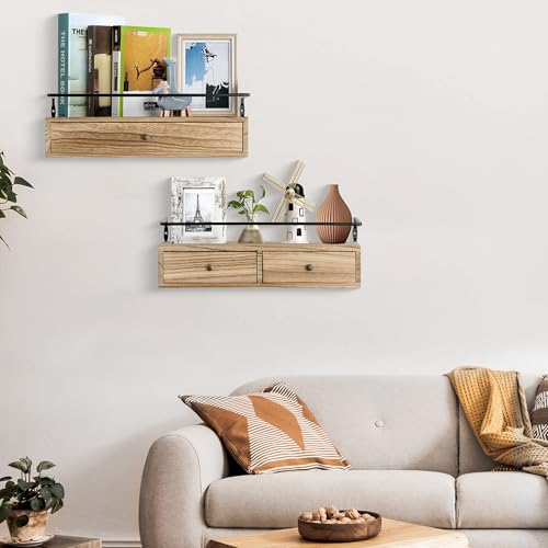 dreampossible 2-Pack Rustic Floating Shelves with Drawer, Wall Mounted Bathroom Shelf, 15.8 Inch Long, Brown Wood & Metal, 30 lbs Capacity - Image 2