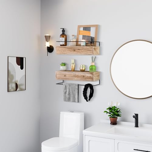 dreampossible 2-Pack Rustic Floating Shelves with Drawer, Wall Mounted Bathroom Shelf, 15.8 Inch Long, Brown Wood & Metal, 30 lbs Capacity - Image 3