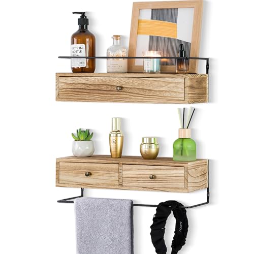 dreampossible 2-Pack Rustic Floating Shelves with Drawer, Wall Mounted Bathroom Shelf, 15.8 Inch Long, Brown Wood & Metal, 30 lbs Capacity - Image 1