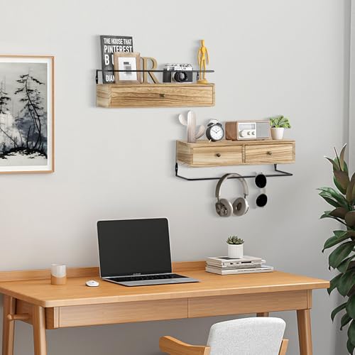 dreampossible 2-Pack Rustic Floating Shelves with Drawer, Wall Mounted Bathroom Shelf, 15.8 Inch Long, Brown Wood & Metal, 30 lbs Capacity - Image 4