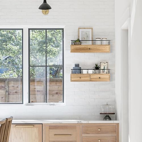 dreampossible 2-Pack Rustic Floating Shelves with Drawer, Wall Mounted Bathroom Shelf, 15.8 Inch Long, Brown Wood & Metal, 30 lbs Capacity - Image 5