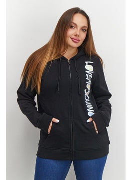 Women Hooded Neck Graphic Sweatshirt, Black