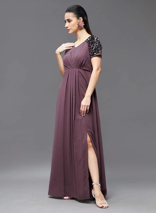 مس تشايس Miss Chase Embellished Purple Pleated Maxi Dress