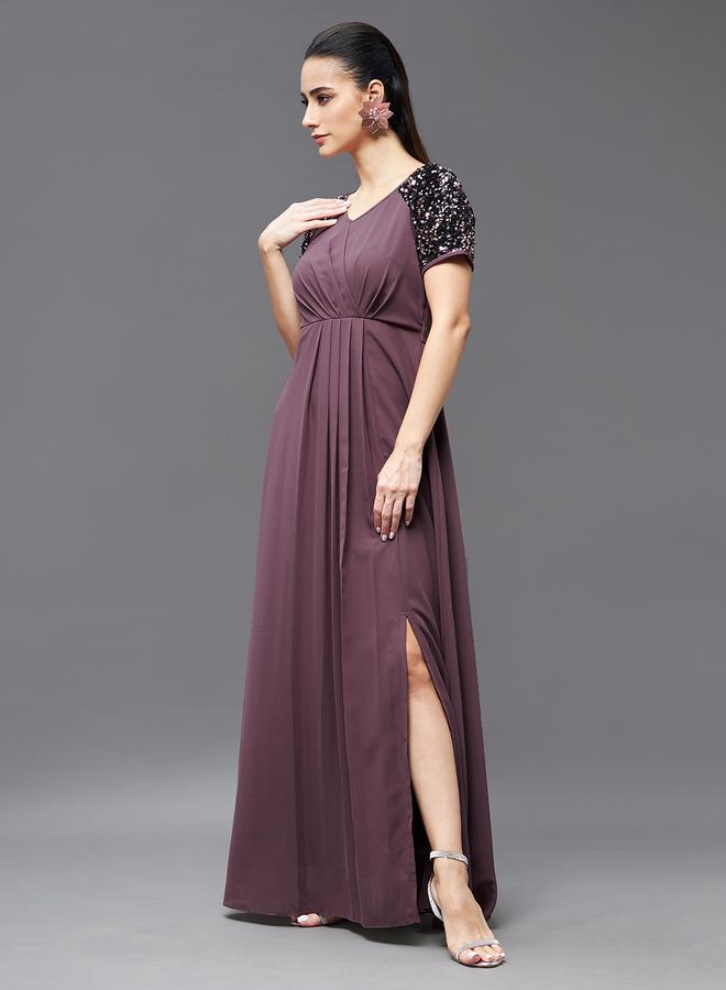 Miss Chase Embellished Purple Pleated Maxi Dress - Image 2