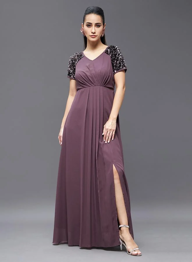 مس تشايس Miss Chase Embellished Purple Pleated Maxi Dress