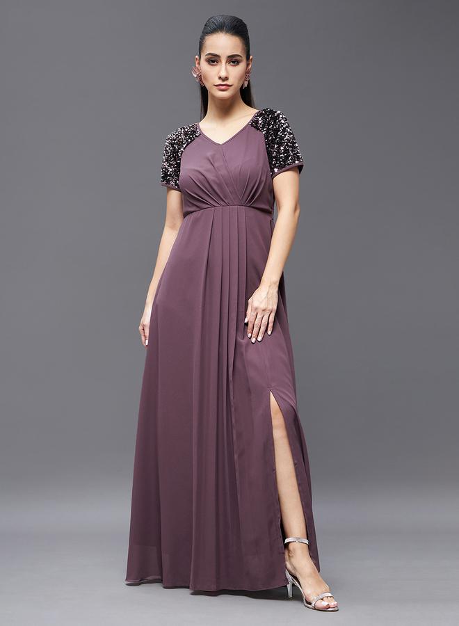 Miss Chase Embellished Purple Pleated Maxi Dress - Image 1