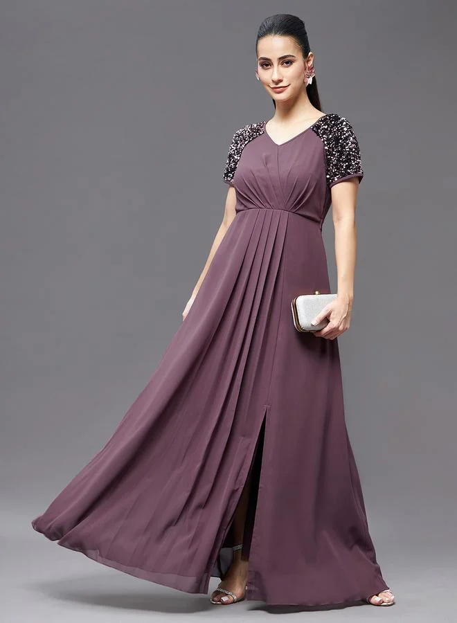 Miss Chase Miss Chase Embellished Purple Pleated Maxi Dress