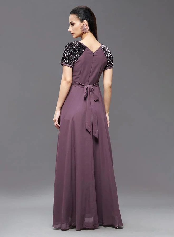 Miss Chase Miss Chase Embellished Purple Pleated Maxi Dress