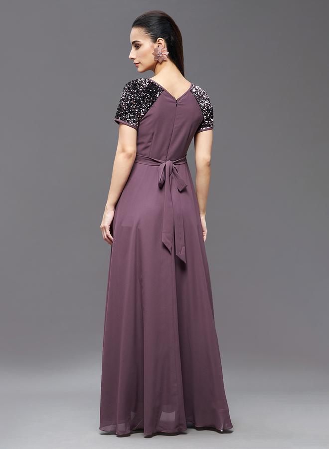 Miss Chase Embellished Purple Pleated Maxi Dress - Image 3