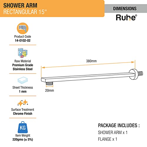 Ruhe® 15inch Rectangular Shower Arm | Premium Grade Stainless Steel Square Shower Arm with Flange (Chrome Finish) - Image 4