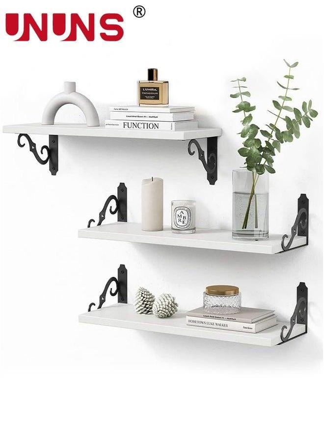 UNUNS Wood Floating Shelves For Wall,12 Inches Long Natural Wall Shelves,Wooden Crystal Display Shelf Living Room,Bedroom,Bathroom,Office,Closet,White,Set Of 3 - Image 1