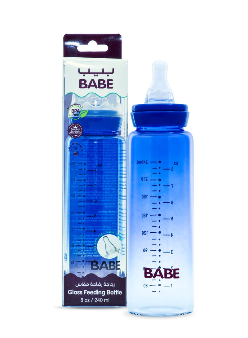 Babe Baby Glass Feeding Bottle 240ml (8oz) – Blue - Image 1