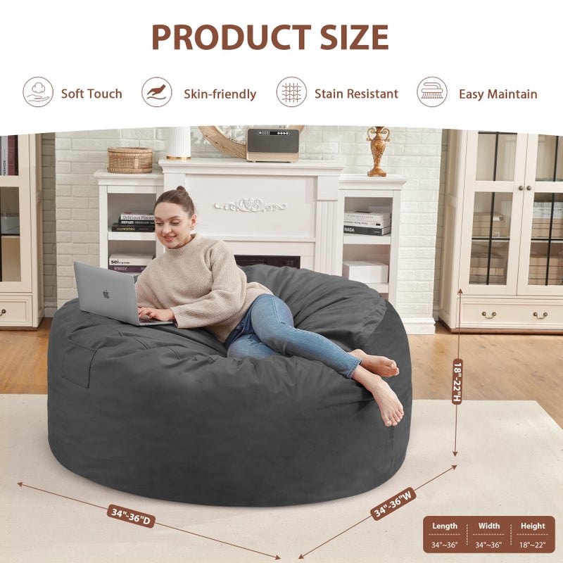 SIMFLAG 3FT Bean Bag Chair, Comfy Bean Bag Chairs with Memory Foam Filled, Fluffy Beanbag Sofa with Dutch Velvet Cover, Round BeanBag Chairs for Living Room, Playroom- Grey - Image 3