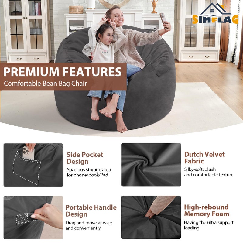 SIMFLAG 3FT Bean Bag Chair, Comfy Bean Bag Chairs with Memory Foam Filled, Fluffy Beanbag Sofa with Dutch Velvet Cover, Round BeanBag Chairs for Living Room, Playroom- Grey - Image 4