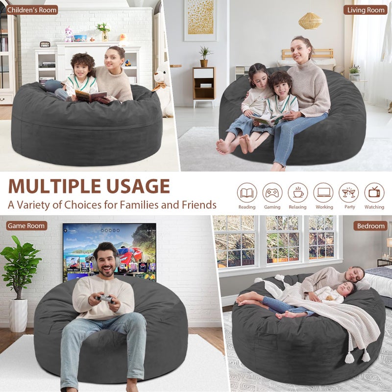 SIMFLAG 3FT Bean Bag Chair, Comfy Bean Bag Chairs with Memory Foam Filled, Fluffy Beanbag Sofa with Dutch Velvet Cover, Round BeanBag Chairs for Living Room, Playroom- Grey - Image 5