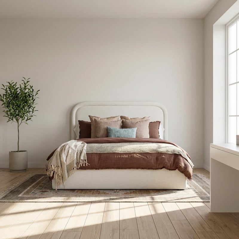 Modern Upholstered Bed Frame with Padded Curved Headboard - Twin Size (120x200cm) with Spring Pillow Top Mattress - Image 4