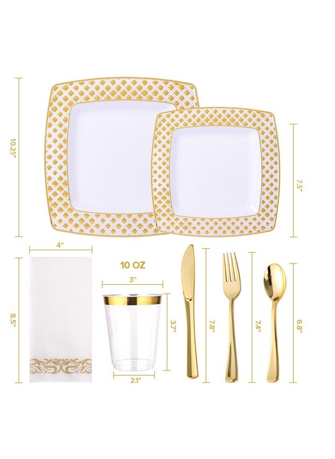FOCUSLINE FOCUSLINE 175 Ct Gold Dinnerware Set for 25 Guests - Square Plastic Plates with Diamond Rim, Including 25 Disposable Dinner & Dessert Plates, Napkins, Cups, Cutlery  - Image 2