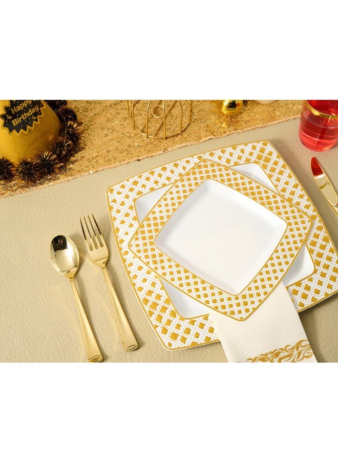 FOCUSLINE FOCUSLINE 175 Ct Gold Dinnerware Set for 25 Guests - Square Plastic Plates with Diamond Rim, Including 25 Disposable Dinner & Dessert Plates, Napkins, Cups, Cutlery  - Image 4