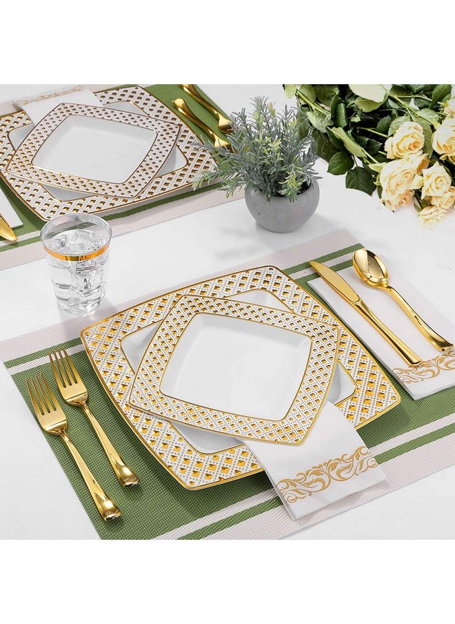 FOCUSLINE FOCUSLINE 175 Ct Gold Dinnerware Set for 25 Guests - Square Plastic Plates with Diamond Rim, Including 25 Disposable Dinner & Dessert Plates, Napkins, Cups, Cutlery  - Image 5
