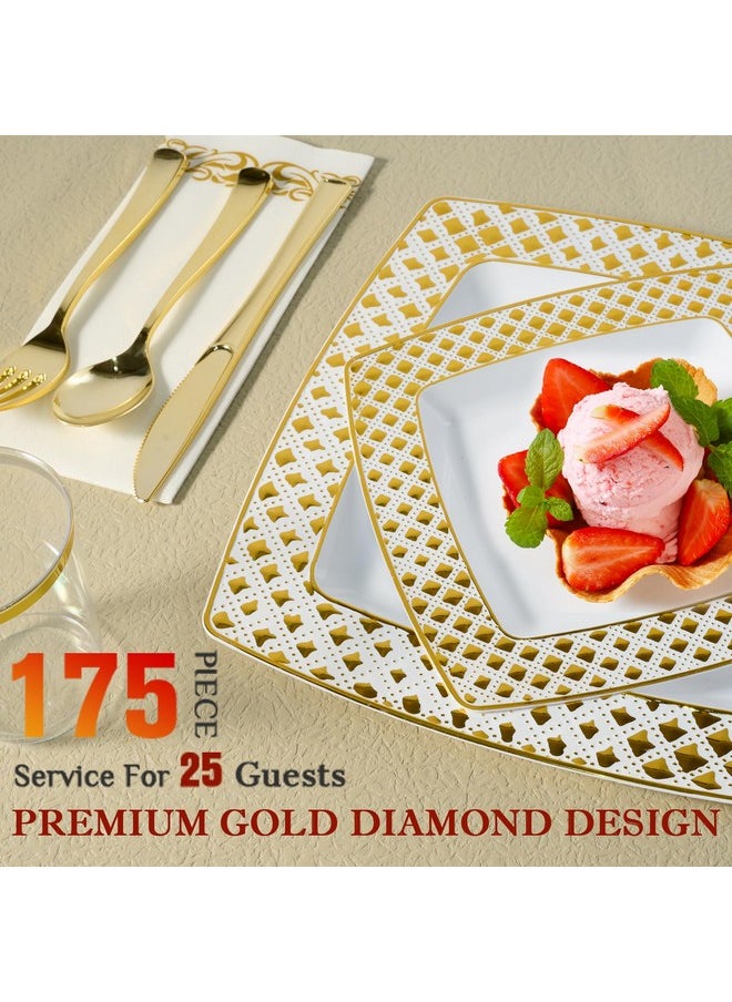 FOCUSLINE FOCUSLINE 175 Ct Gold Dinnerware Set for 25 Guests - Square Plastic Plates with Diamond Rim, Including 25 Disposable Dinner & Dessert Plates, Napkins, Cups, Cutlery  - Image 3