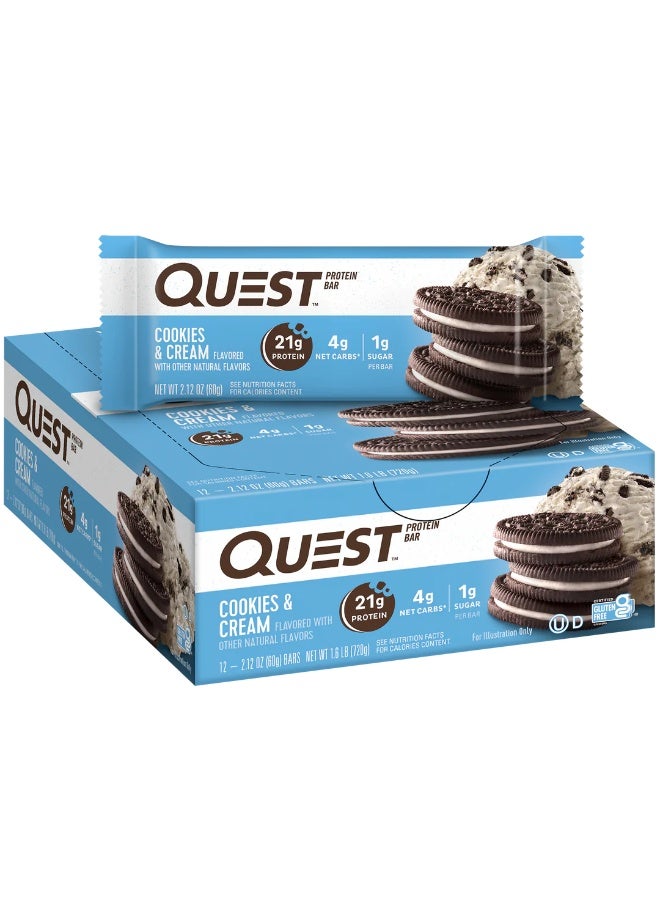 Quest Nutrition Quest Protein Bar - Cookies & Cream, 60g (Box of 12) | 21g Protein, 4g Net Carbs, 1g Sugar, Gluten-Free, High Fiber - Image 1