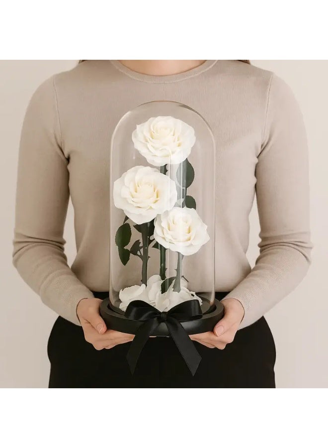 وردة أبدية داخل قبة زجاجية (بيضاء، حجم كبير) – ديكور من 3 ورود بيضاء محفوظة داخل قبة، هدية وردة خالدة لذكرى الزواج، عيد الحب، عيد الأم، أعياد الميلاد، ديكور منزلي رومانسي وتذكار زهري فاخر. - Image 3