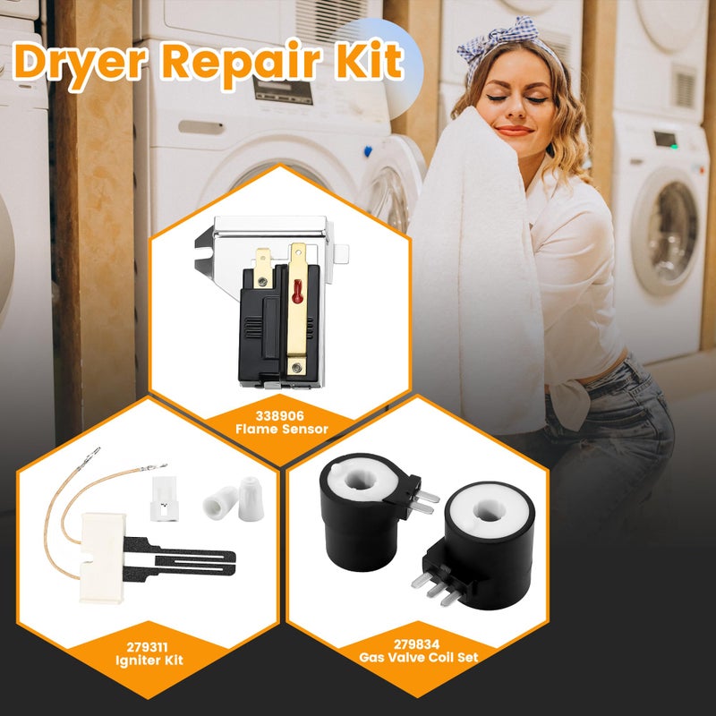 Nishcon Dryer Repair Kit Contains 279311 Igniter 279834 Gas Valve Coil 338906 Flame Sensor Fit For Kenmore Whirlpool Maytag Gas Dryers - Image 2