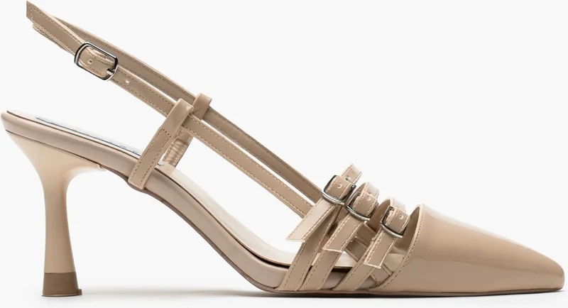 نيشانتاشي شوز Andrina Beige Patent Leather Belt Detail Ankle Tied Women's Heeled Shoes