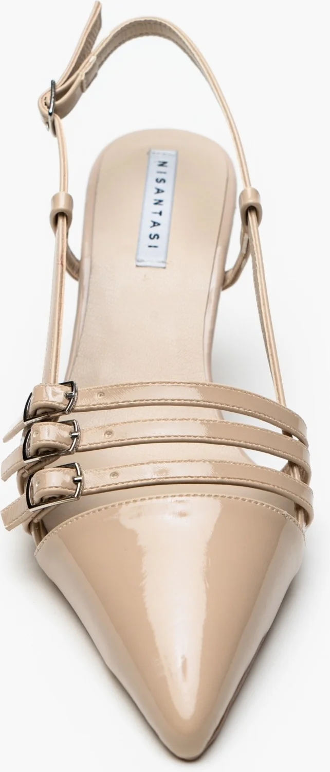 نيشانتاشي شوز Andrina Beige Patent Leather Belt Detail Ankle Tied Women's Heeled Shoes