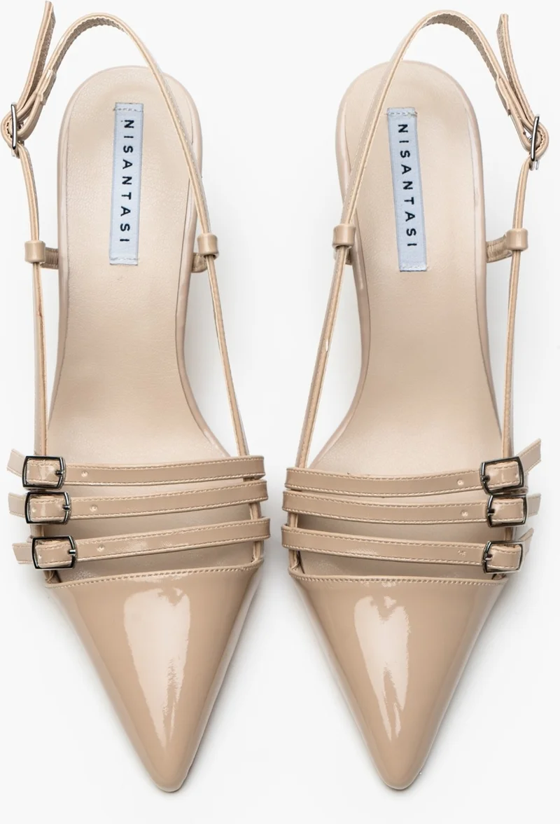 نيشانتاشي شوز Andrina Beige Patent Leather Belt Detail Ankle Tied Women's Heeled Shoes