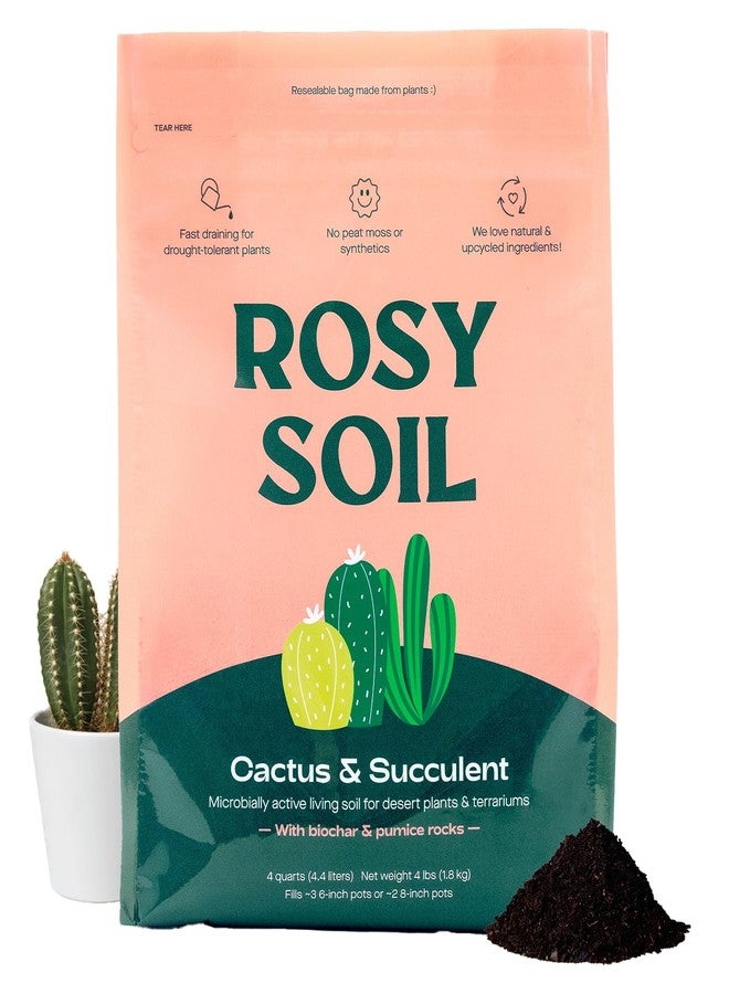 Rosy Soil Cactus and Succulent Organic Potting Soil Mix for House Plants - Fast Draining, Root Boosting, Peat-Free, Less Prone to Gnats - Drought-Tolerant - Growth of Aloe Vera, Cacti and Indoor Succulents- 4qt - Image 1