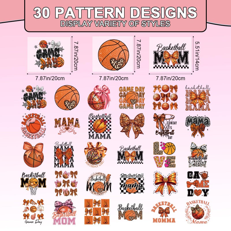 Shejdgart Dtf Transfers Ready to Press - 30 Pcs Basketball Mama Iron on Patches for T-Shirts, Sports Bow Iron on Stickers Heat Transfer Vinyl Decals for DIY Fabric Clothes Decor - Image 2