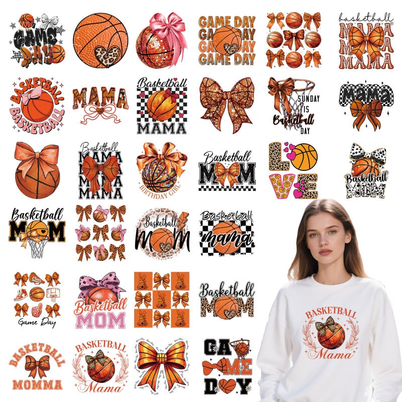 Shejdgart Dtf Transfers Ready to Press - 30 Pcs Basketball Mama Iron on Patches for T-Shirts, Sports Bow Iron on Stickers Heat Transfer Vinyl Decals for DIY Fabric Clothes Decor - Image 1