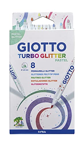 Giotto Turbo Glitter Ink Felt Tip Fibre Pens Super Washable Fine Tip Nib 28mm 8 Pastel Colours Ideal for Children Parties and Schools - Image 1