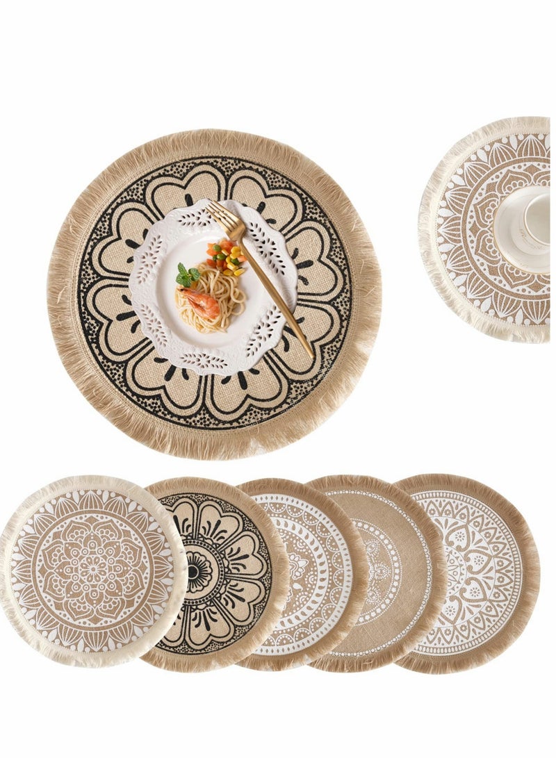 SOLARAE Round Jute Burlap Table Woven Placemats with Fringe, Vintage Place Mats for Parties, Farmhouse, BBQ, Holidays or Everyday Table Use-Size 15x15 Inches Occasion 6Pcs - Image 1