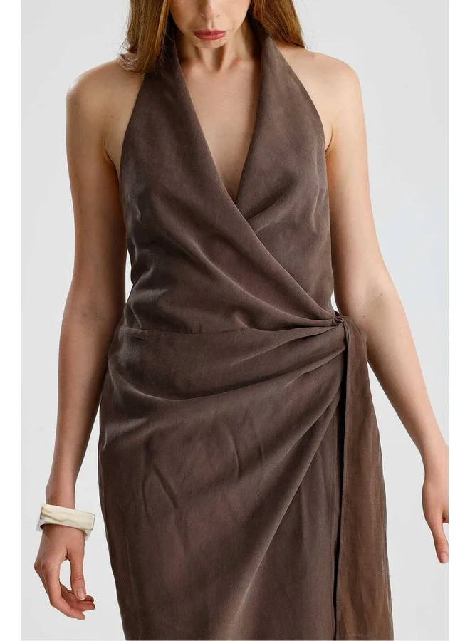 GACACOLLECTION LUNA Cropped Tie‑Front Brown Dress.