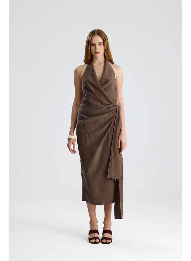 GACACOLLECTION LUNA Cropped Tie‑Front Brown Dress.