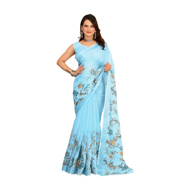 Sidhidata Women's Sky Blue Digital Printed Cotton Linen Blend Saree with Unstitched Blouse Piece - Image 1