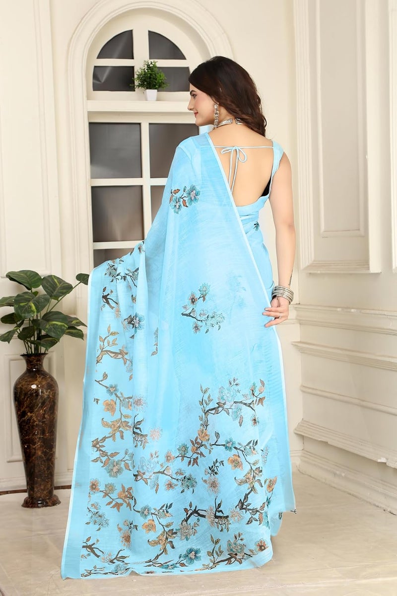 Sidhidata Women's Sky Blue Digital Printed Cotton Linen Blend Saree with Unstitched Blouse Piece - Image 3