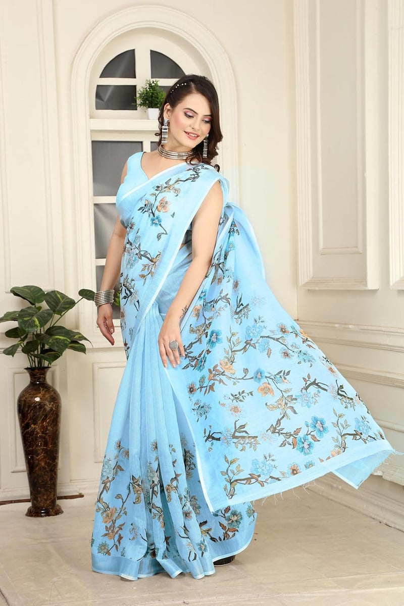 Sidhidata Women's Sky Blue Digital Printed Cotton Linen Blend Saree with Unstitched Blouse Piece - Image 4