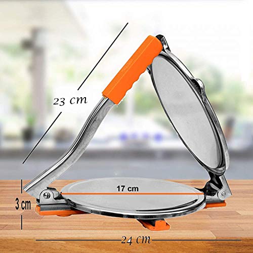 BLLUEX Stainless Steel 6.69 inch Roti Press Maker Machine For Making Chapati, Puri, Khakhra, Papad, Pathiri and Manual Hand Press with Handle - Orange-Silver (Medium) - Image 5